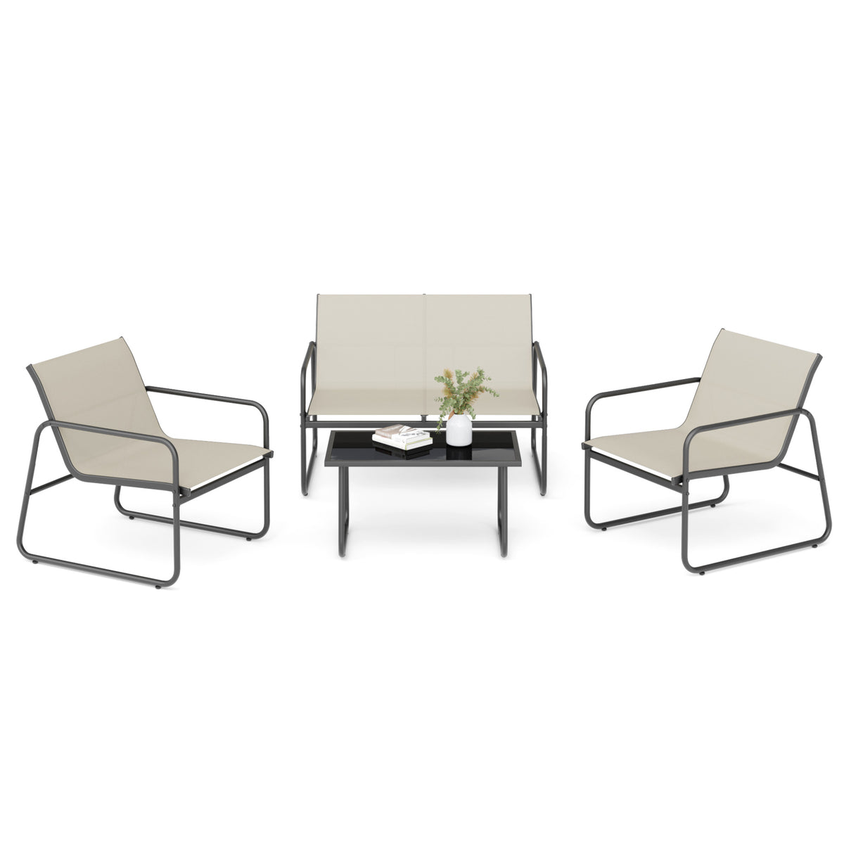 Garden Patio Furniture Set 4 Pieces, Garden Table and Chairs with Armrests, Outdoor Loveseat and Coffee Table Waterproof Breathable Synthetic Fabric, for Balcony Terrace Backyard, Beige