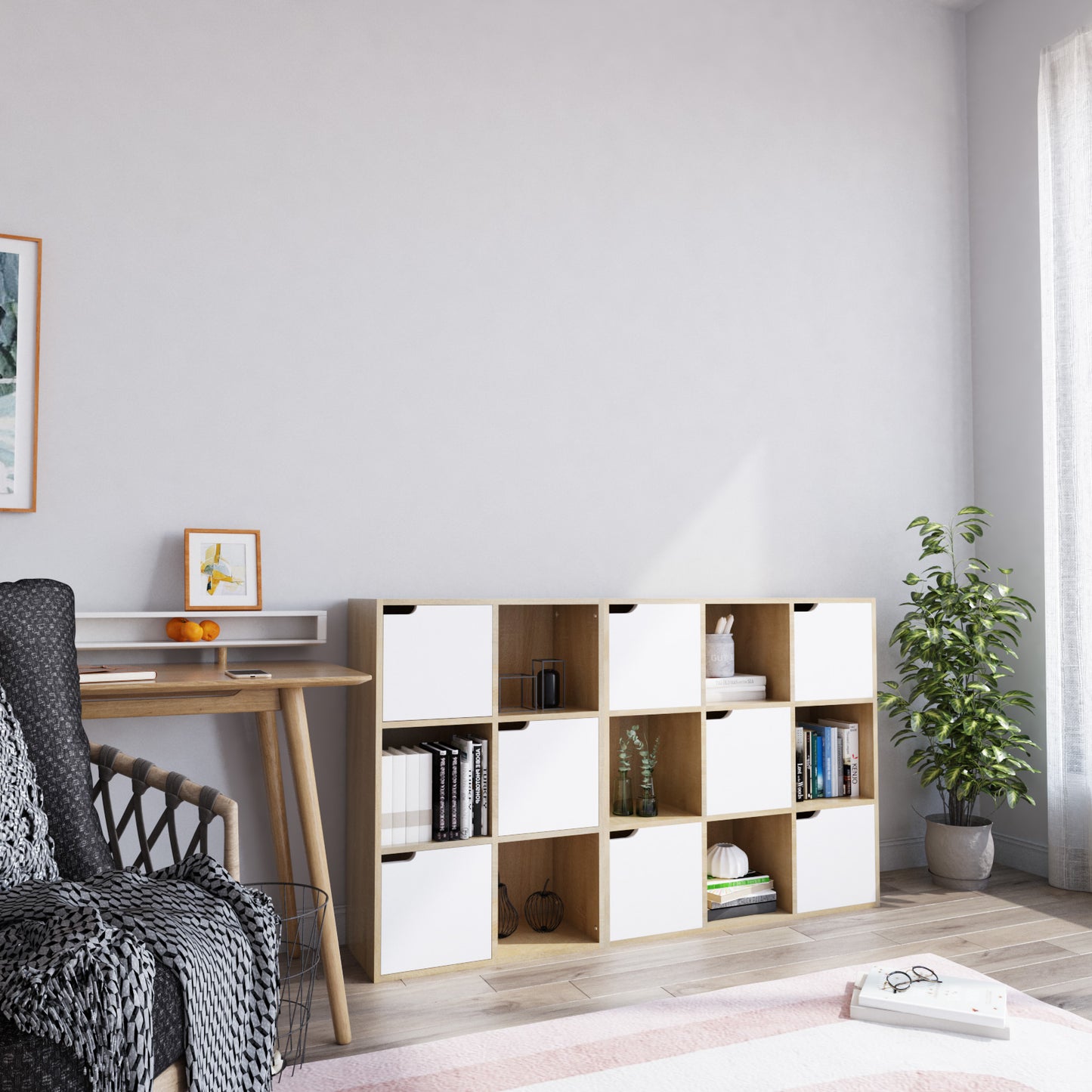 Bookcase, White and Wood, Six Compartments with Three Doors