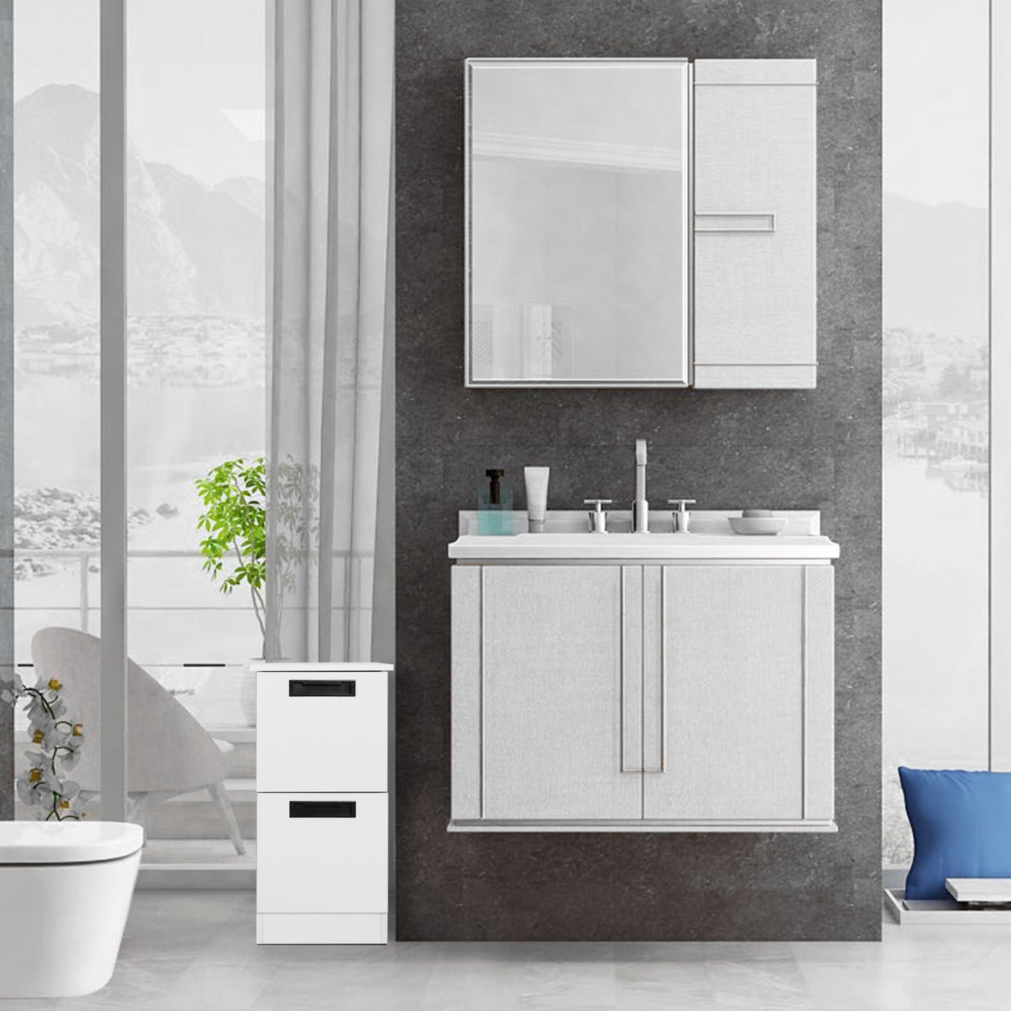 Freestanding Bathroom Cabinet, 2 Drawers and Black Pulls