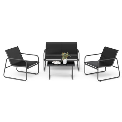 Mondeer Garden Patio Furniture Set 4 Pieces, Garden Table and Chairs with Armrests, Outdoor Loveseat and Coffee Table Waterproof Breathable Synthetic Fabric, for Balcony Terrace Backyard, Black