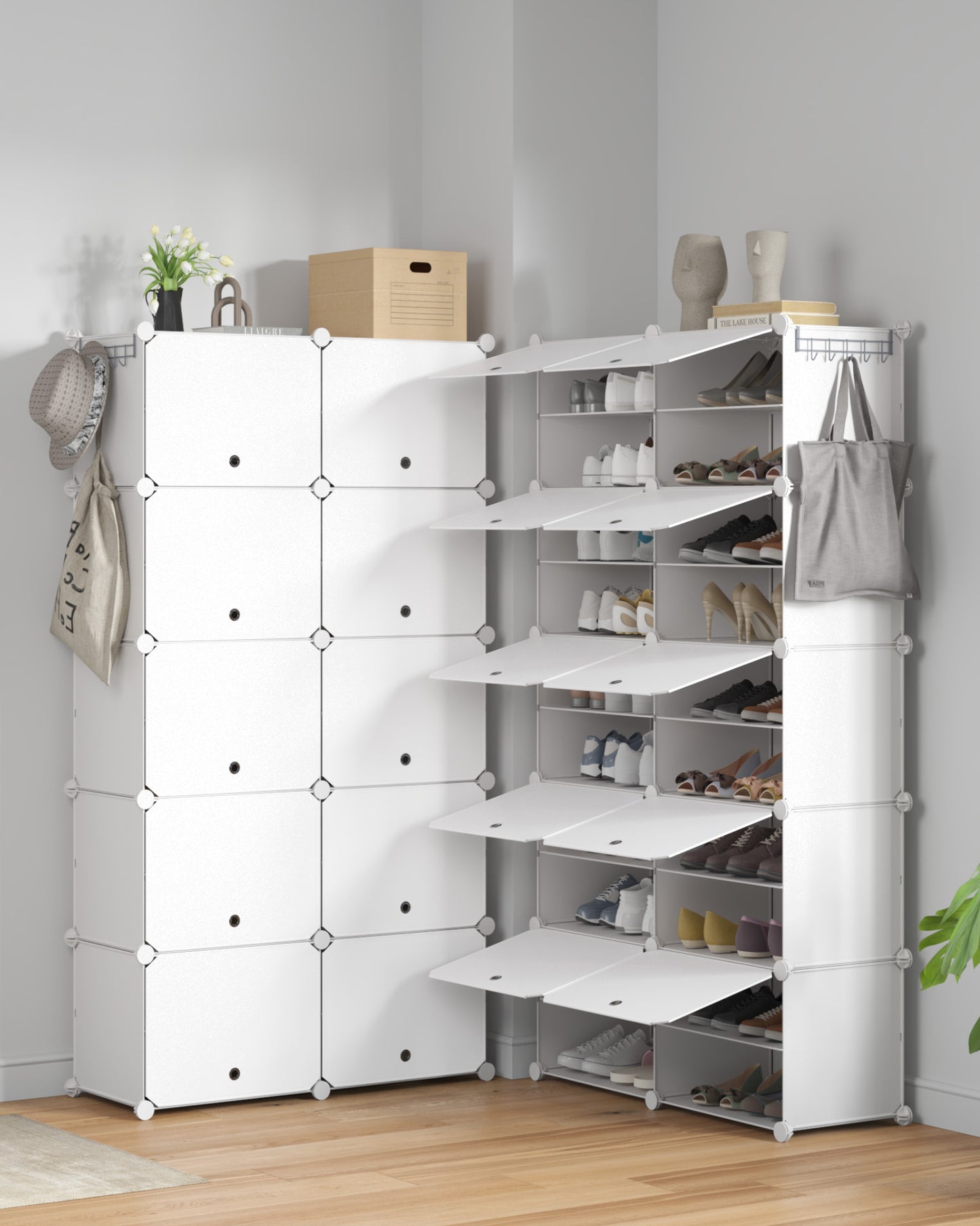 Mondeer Shoe Storage Cabinet, 2 x 10 Tier Modular Plastic Shoe Rack for 40 Pairs Shoes, Cube Shoe Organizer with Removable Shelf and Hooks, for Hallway Entryway Closet, White