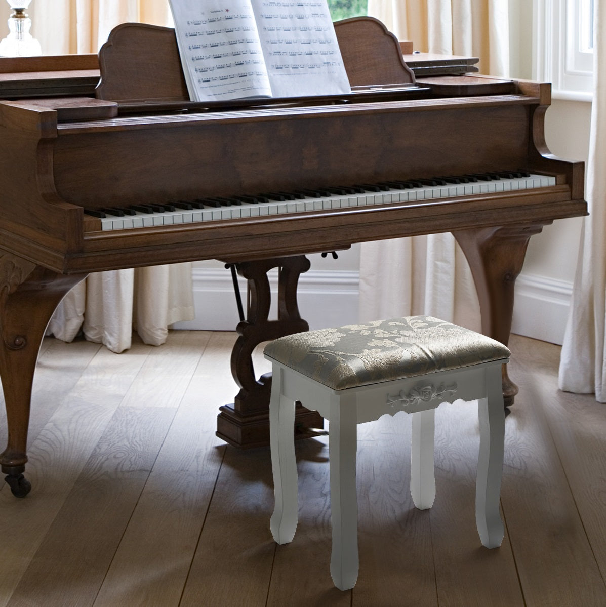 Dressing Table Stool, White Color, Padded Baroque Printing
