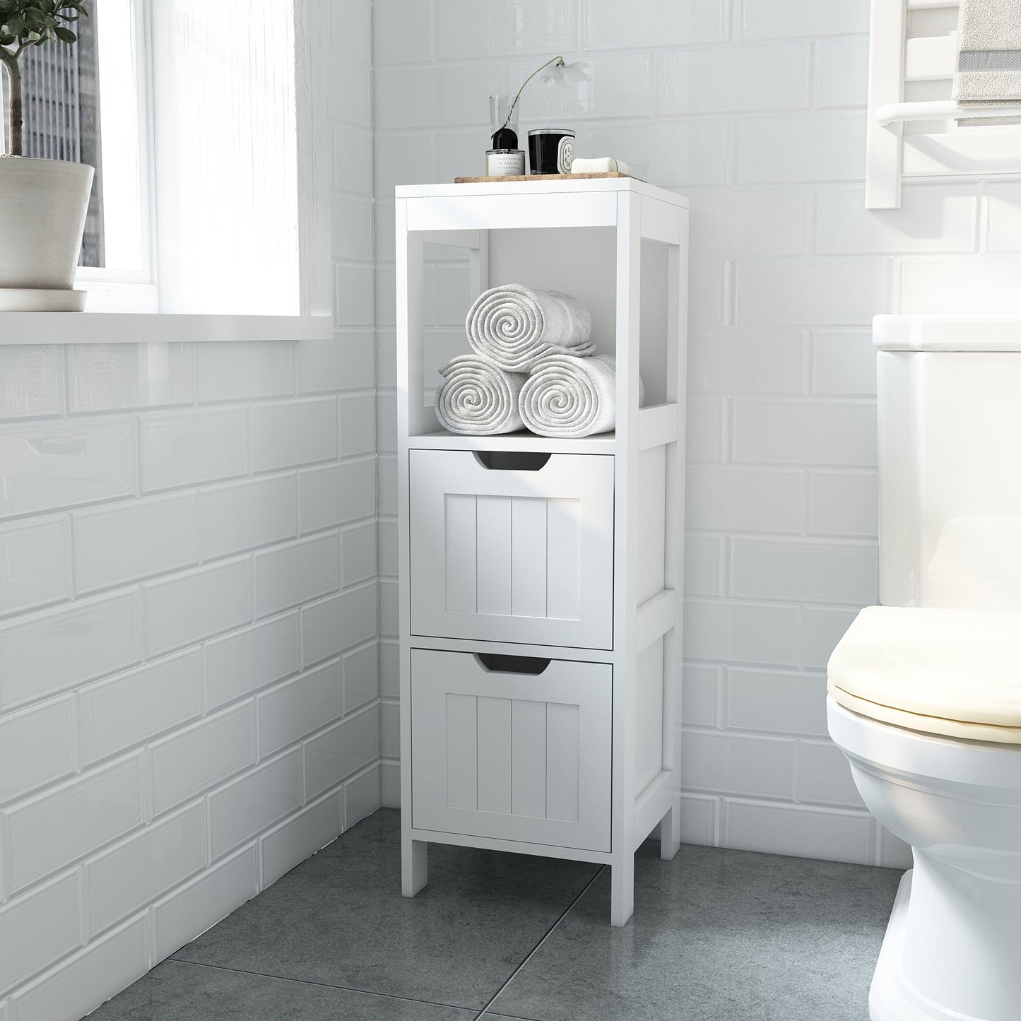 Simple Bathroom Cabinet, White Color, Single Raw, 2 Drawers