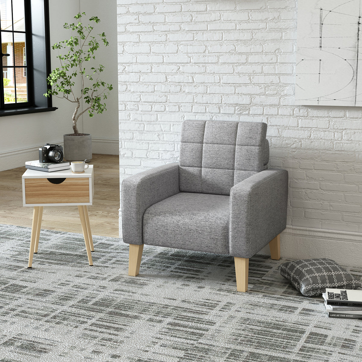 Modern Armchair, Dark Grey Color, Solid Wood Frame Inside
