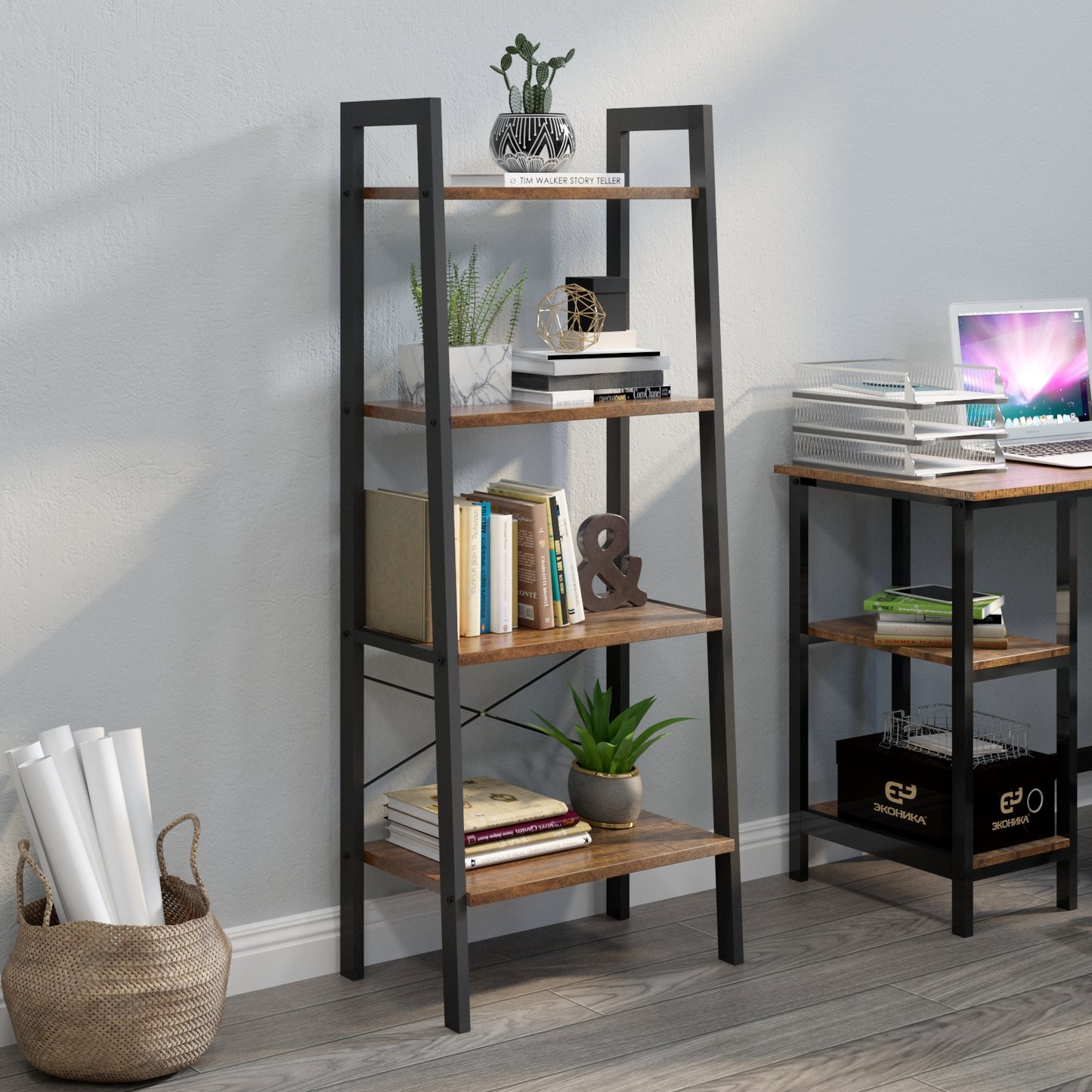 Multi-functional Ladder Shelf, Antique Wood Grain Color