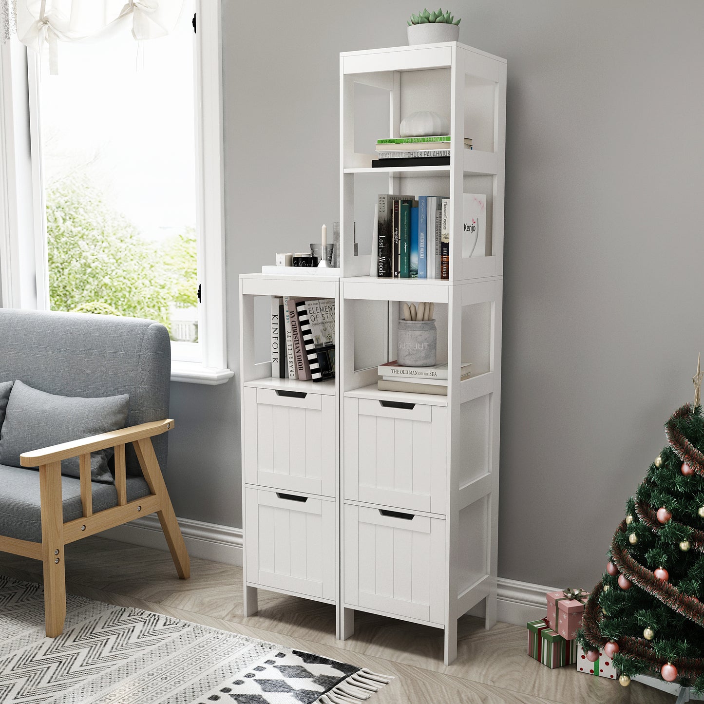 Simple Bathroom Cabinet, White Color, The Upper Open Space, 2 Drawers
