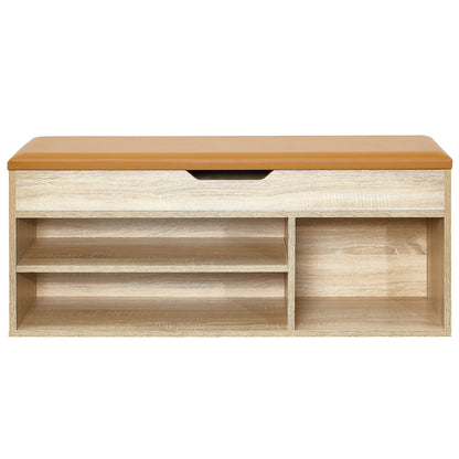 Modern Shoe Bench, Natural Wood Grain/White Color, Organizer Unit
