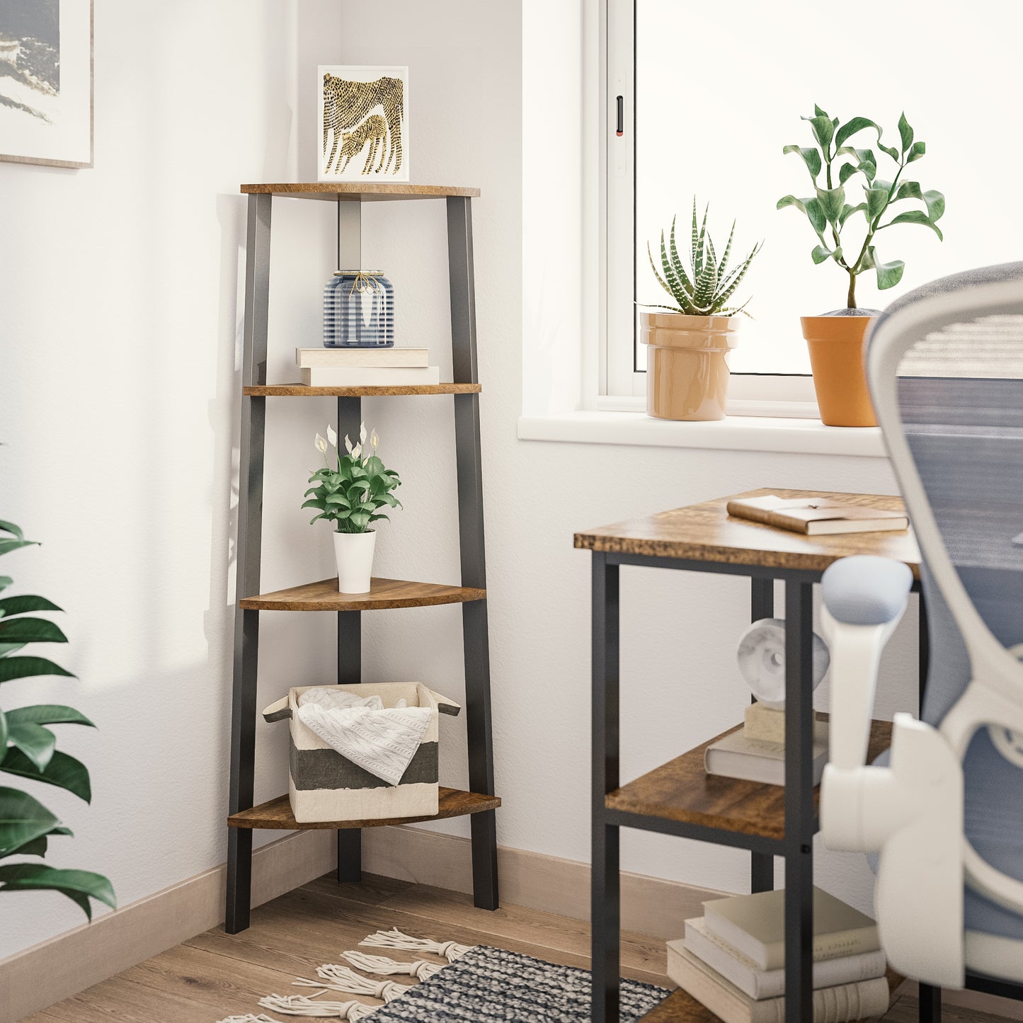 Corner Ladder Shelf, Antique Wood Grain Color, Four-layer Open Design