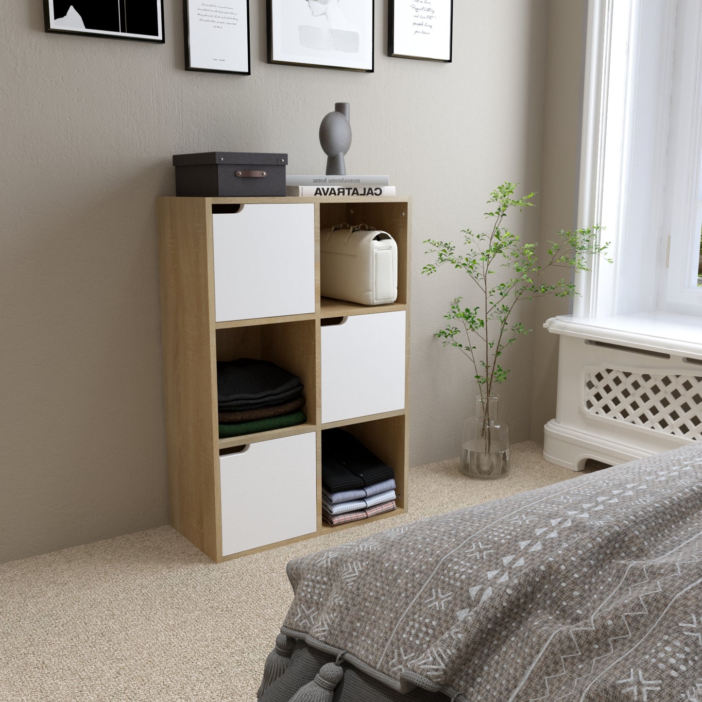 Bookcase,  White and Wood, Six Compartments with Three Doors
