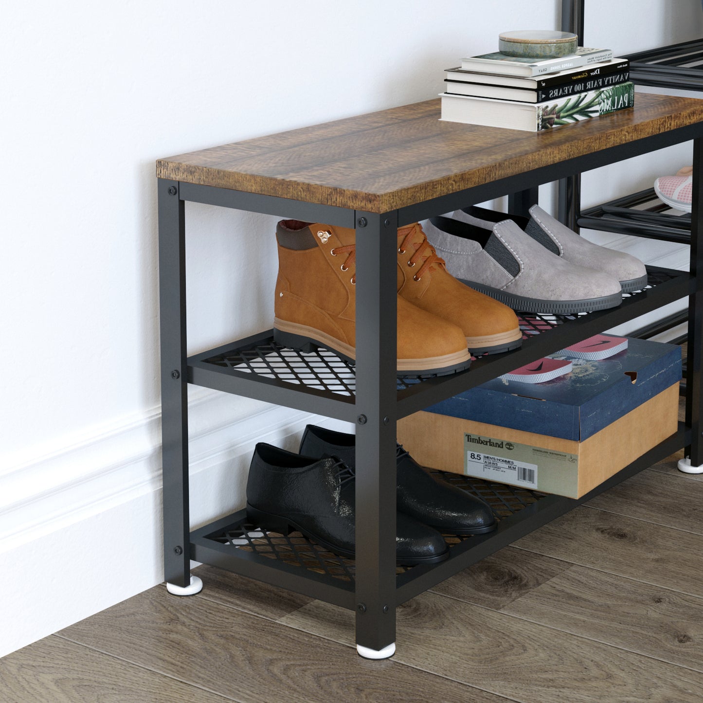 Retro Industrial Shoe Bench, Multi-layer Design, Black Painted Iron Mesh