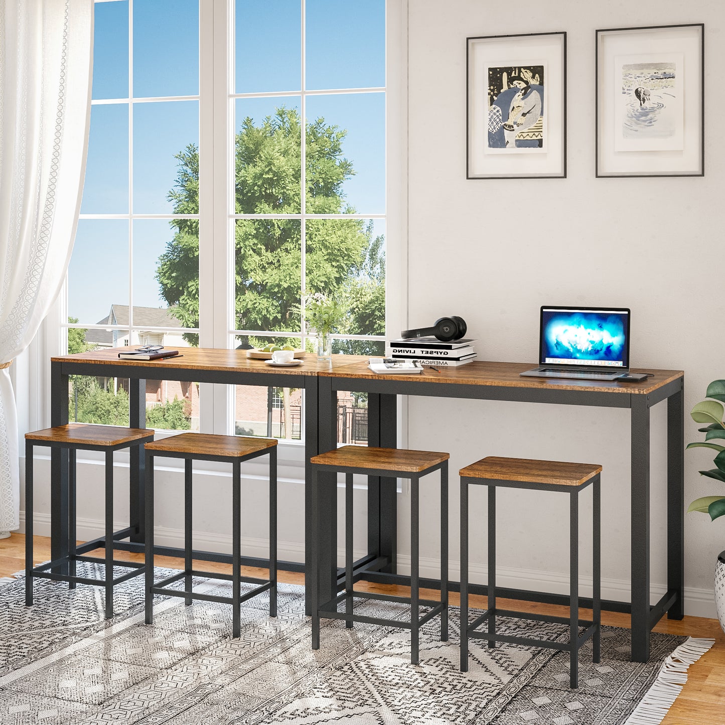 Retro Industrial Bar Table Sets, Dark Wood Grain Color