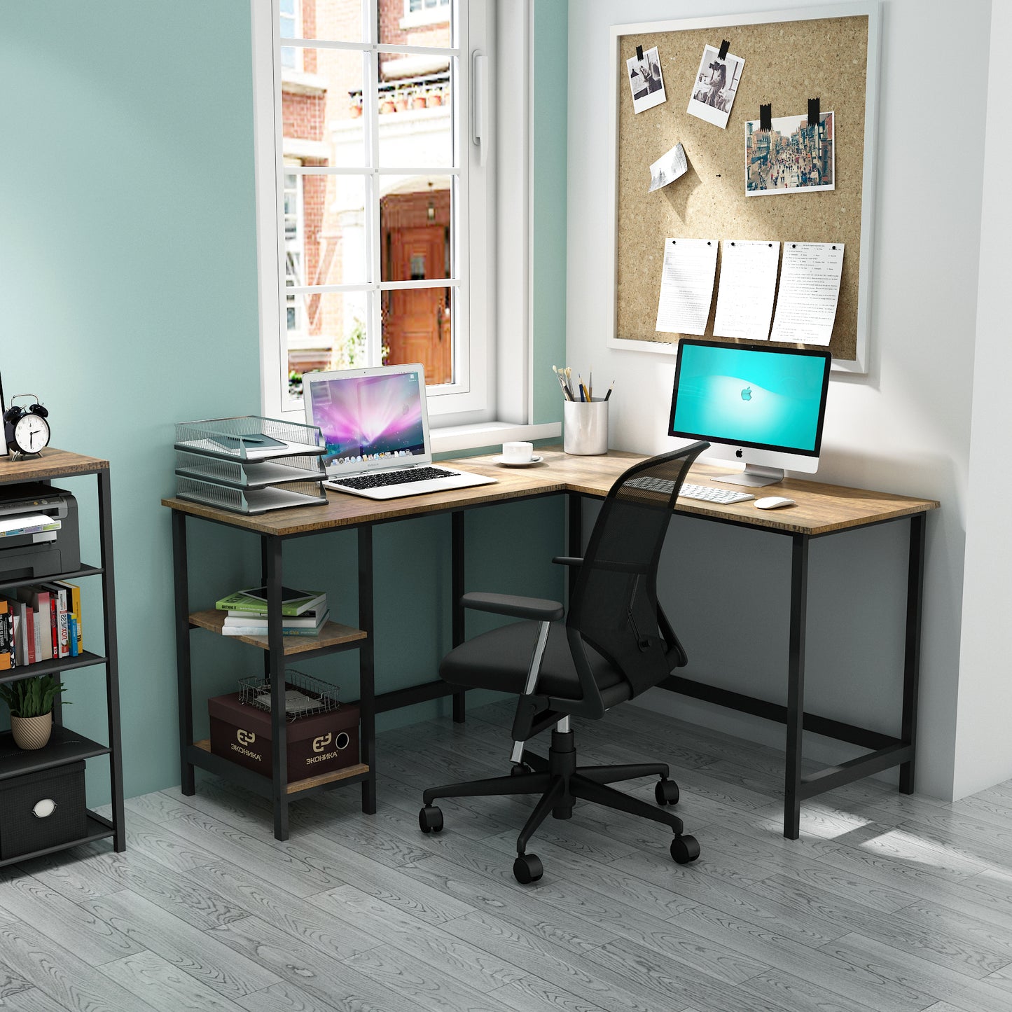 Retro Industrial Computer Table£¬L-shaped, with Open Storage Spaces