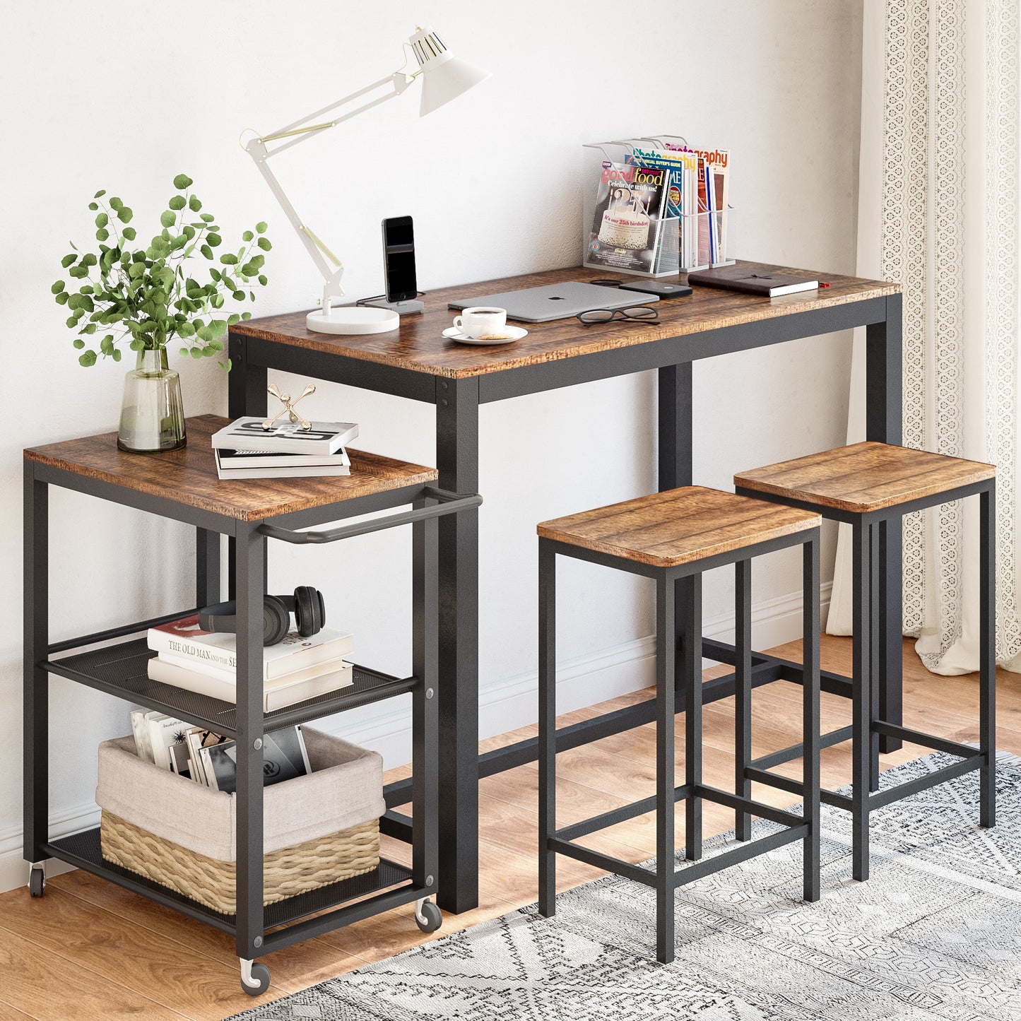 Retro Industrial Bar Table Sets, Dark Wood Grain Color