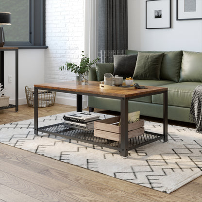 Retro Industrial Coffee Table, Antique / Warm Grey Wood Grain Color