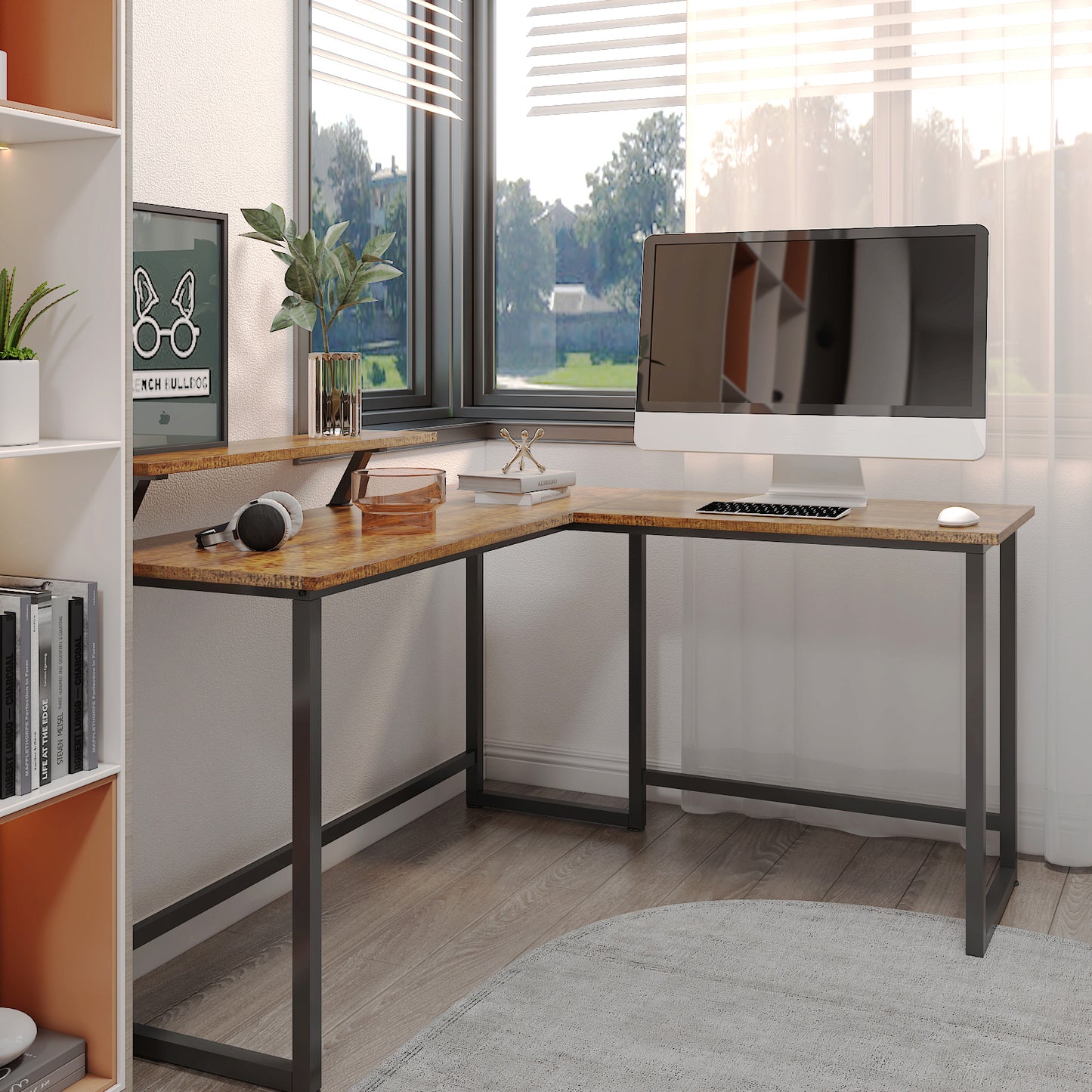 Retro Industrial Computer Table£¬L-shaped, with Monitor Stand