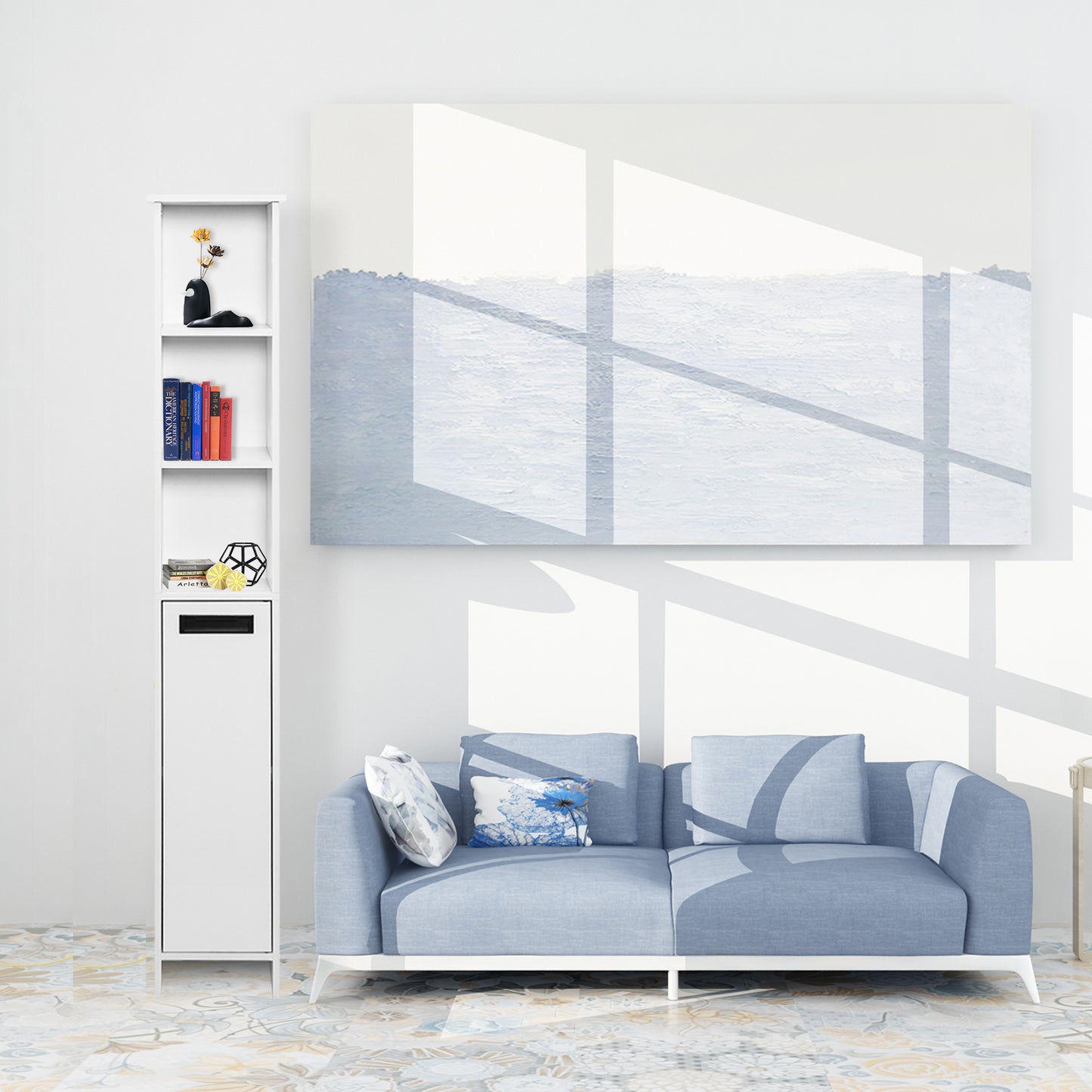 High Bathroom Cabinet, White Color, Single Raw, 3 Storage Shelves