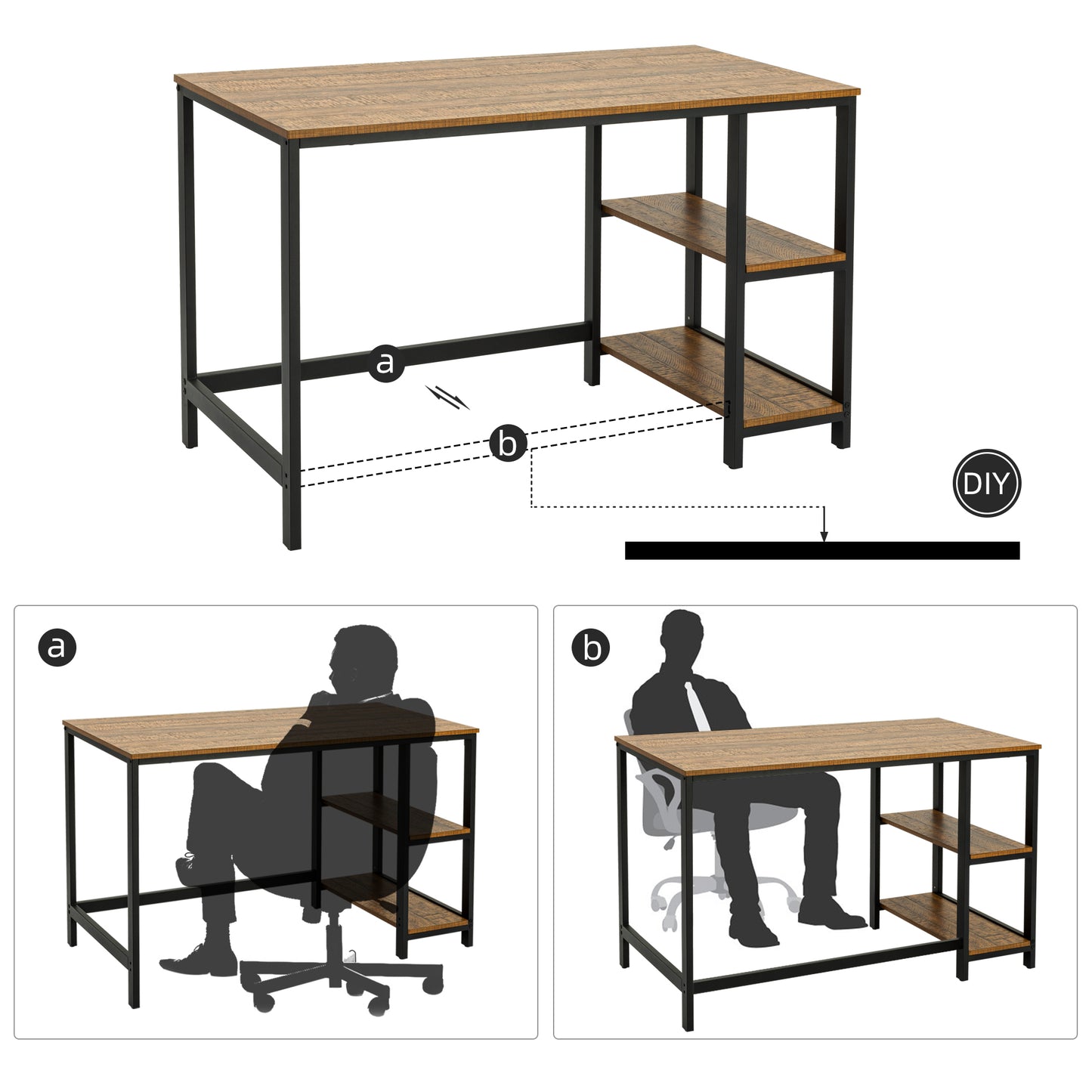 Retro Industrial Computer Table for Home Office, with Open Storage Spaces