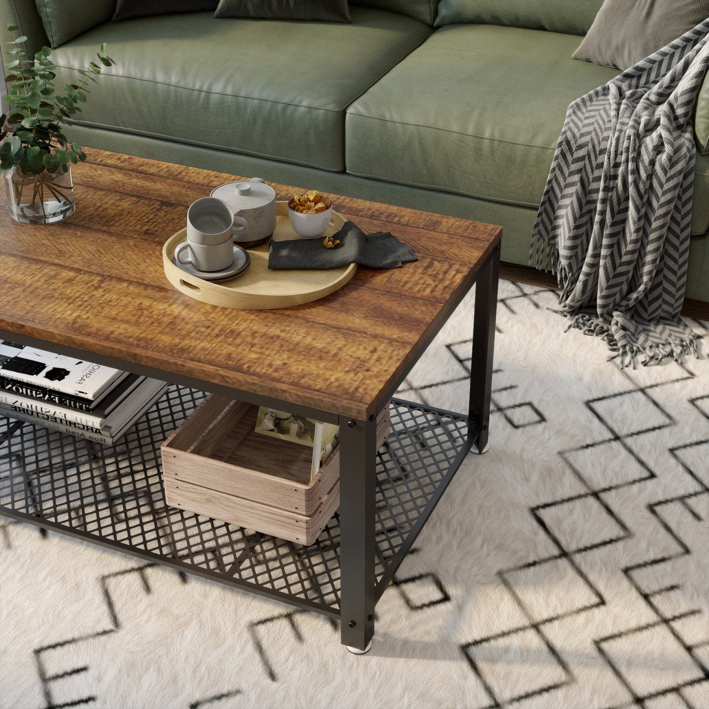 Retro Industrial Coffee Table, Antique / Warm Grey Wood Grain Color
