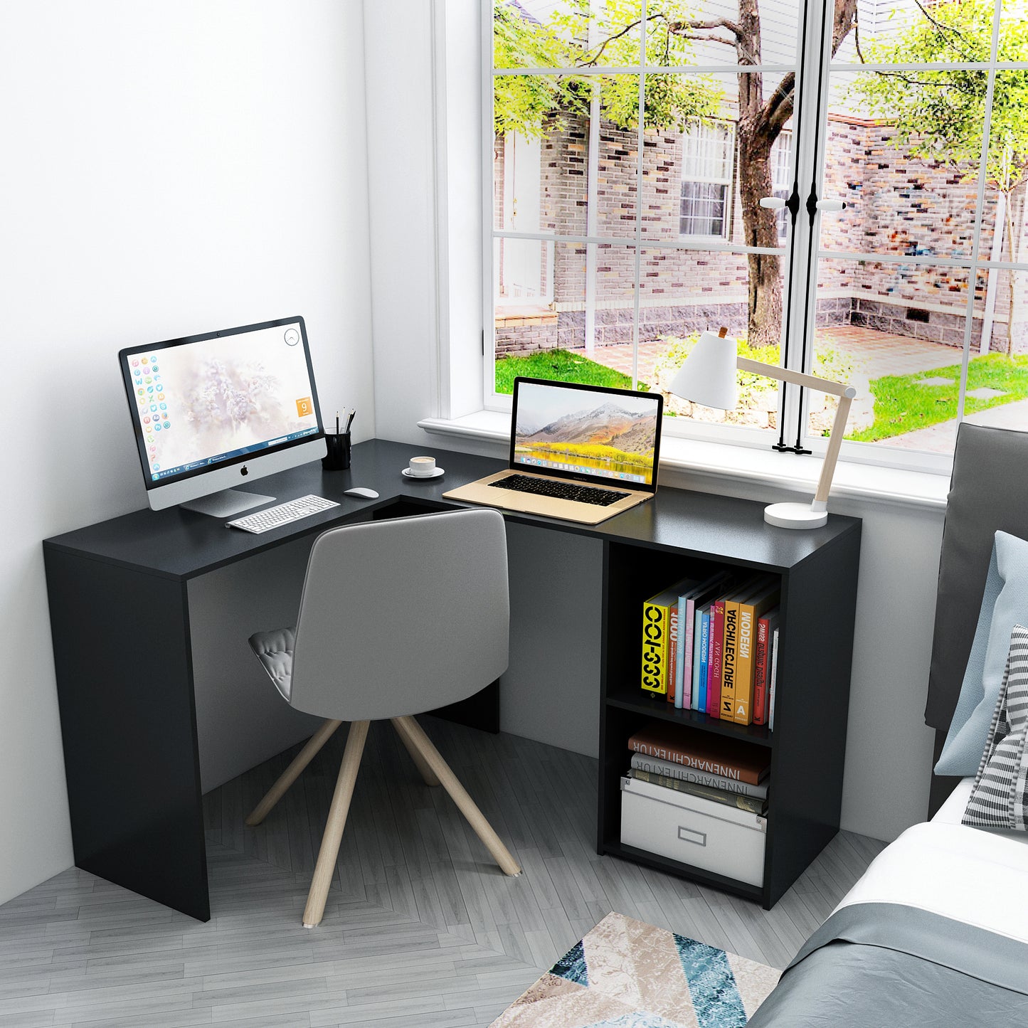 L-shaped Computer Desk, White/Black Color, 2 Storage Compartments
