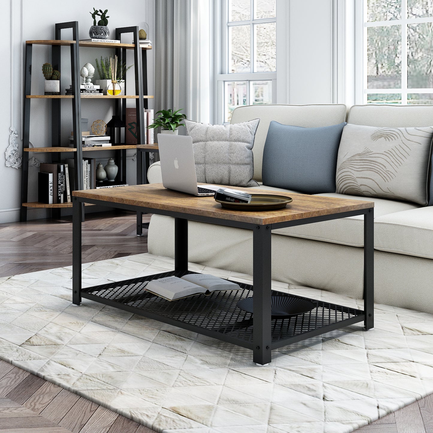 Retro Industrial Coffee Table, Antique / Warm Grey Wood Grain Color