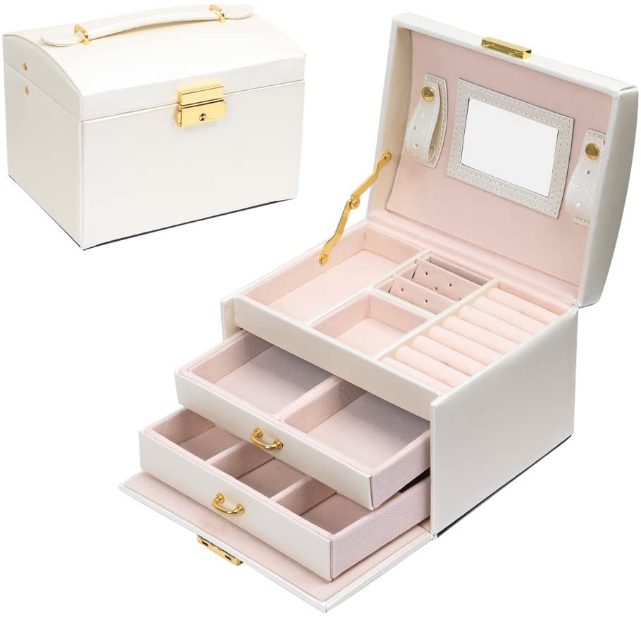 Modern Jewellery Box, Black/White/Pink Color, Has Partitions and a Small Mirror
