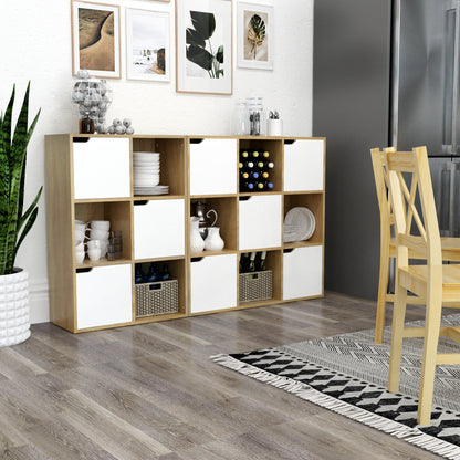 Bookcase,  White and Wood, Six Compartments with Three Doors