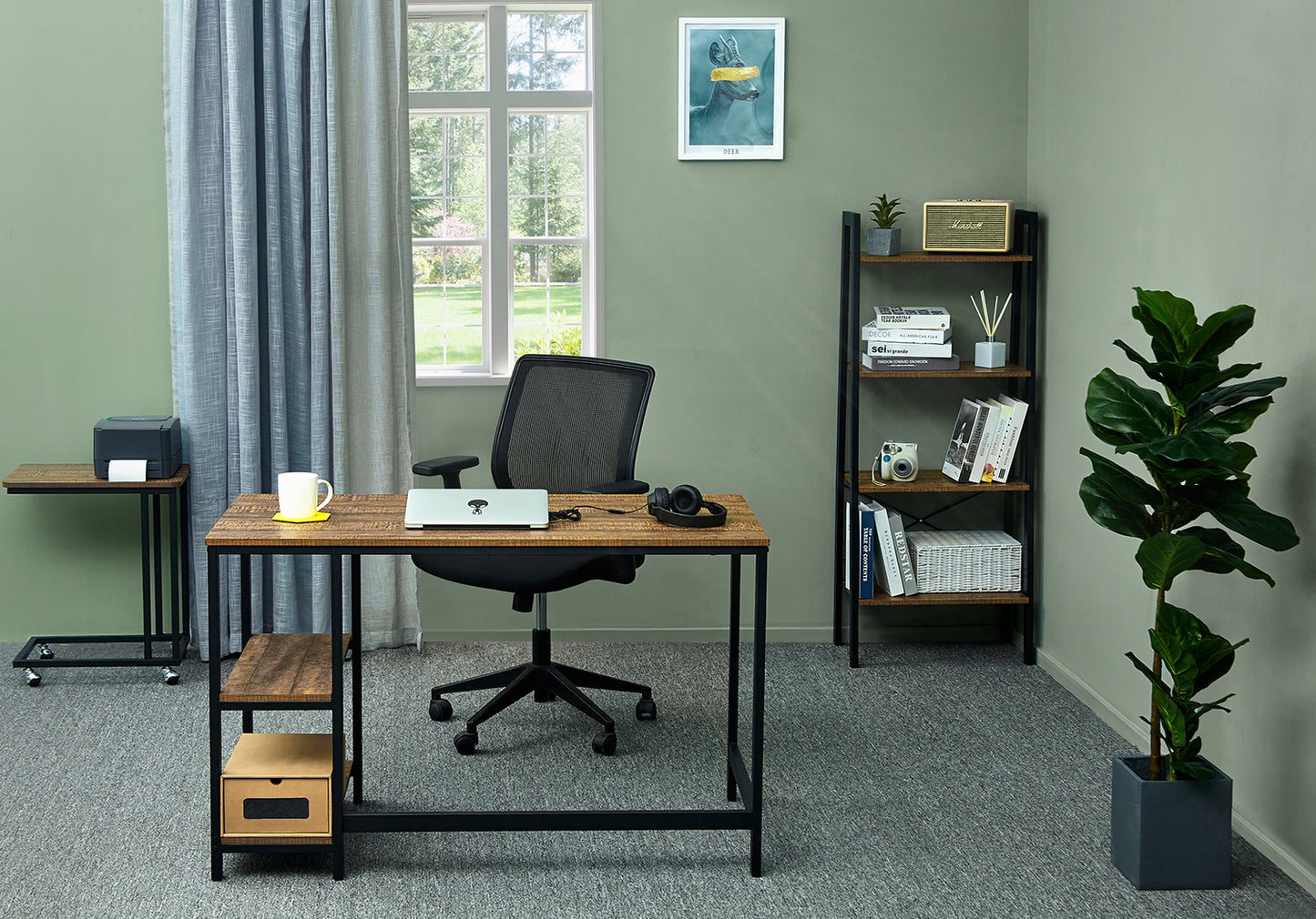 Retro Industrial Computer Table for Home Office, with Open Storage Spaces