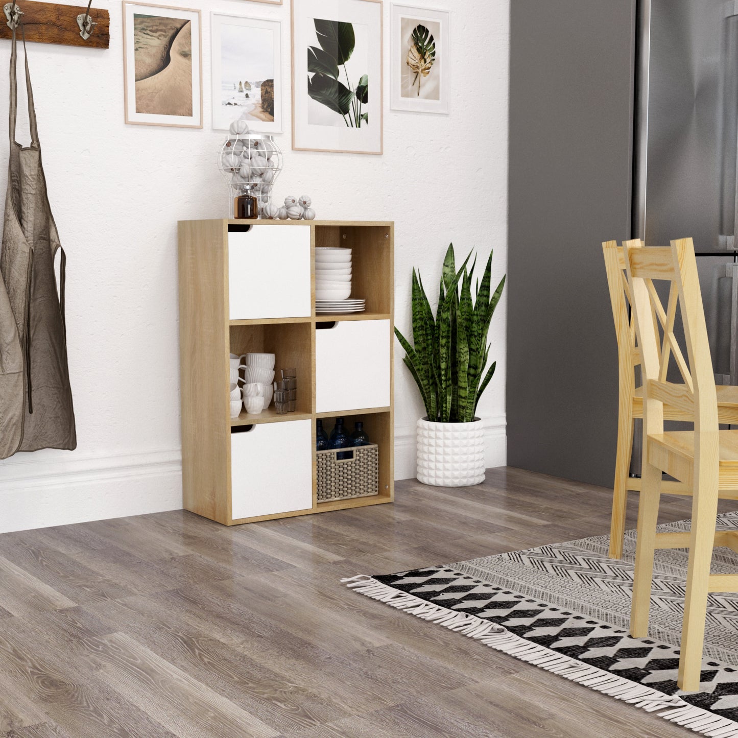 Bookcase,  White and Wood, Six Compartments with Three Doors