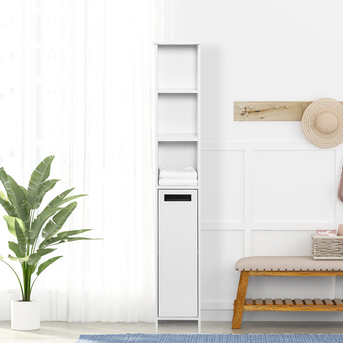 High Bathroom Cabinet, White Color, Single Raw, 3 Storage Shelves